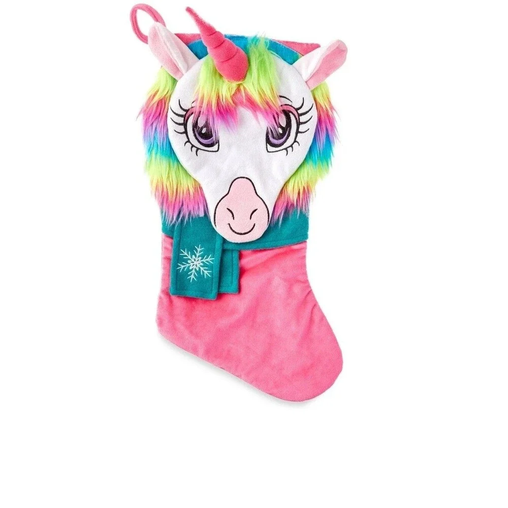 Holiday Time 3D Plush Pink Unicorn Christmas Stocking 20 in Rainbow Mane
